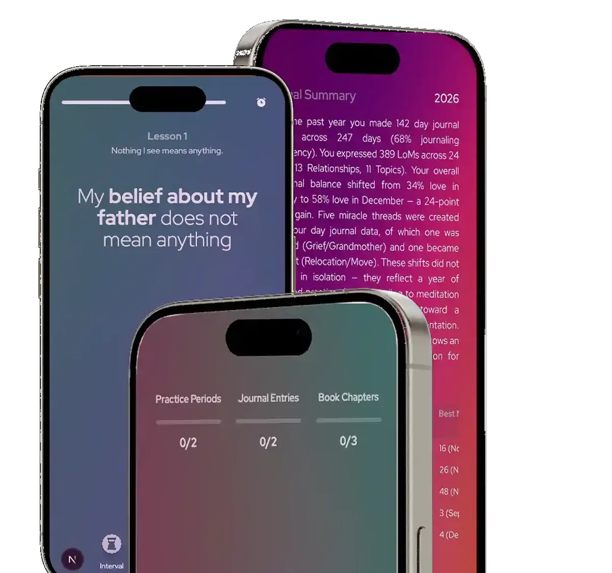 Three PsyChi phone mockups with gradient screens